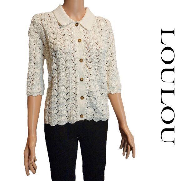 Loulou Studio Adria Open Stitch Cotton Cardigan NWOT White Med small mark - Picture 1 of 12
